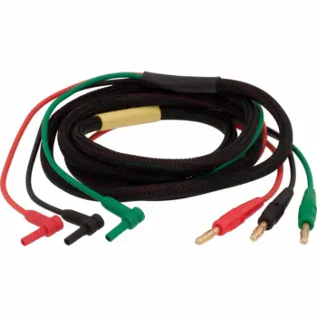 Cordon cuivre banane TED 3 fiches coudées 2mm/3 fiches 4mm N/R/V Lg 2