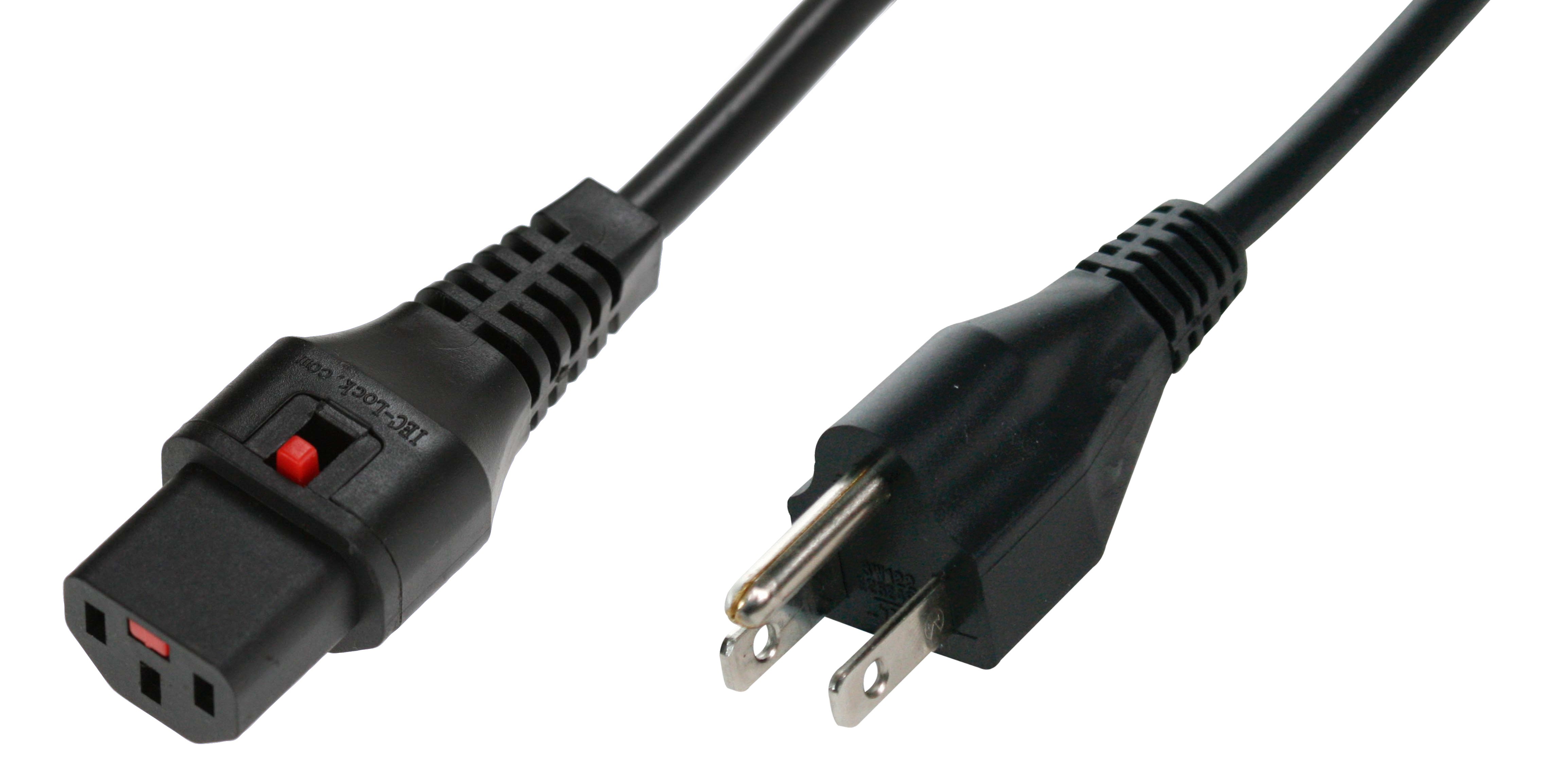 IEC Lock - Cordon secteur 2P+T US vers C13 - diam 18 - 2m - Noir