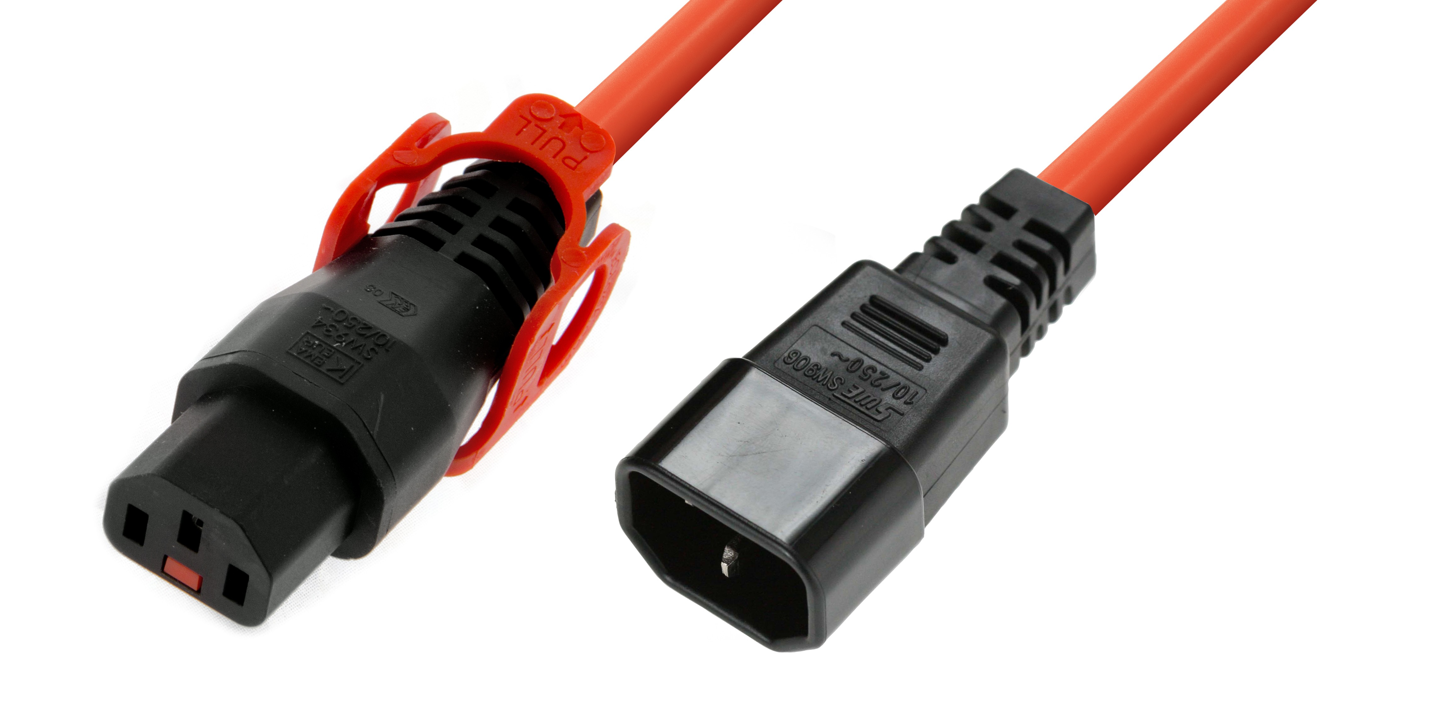 IEC Lock - Rallonge secteur C13/C14 avec cage sur C13 - 1.5m Orange