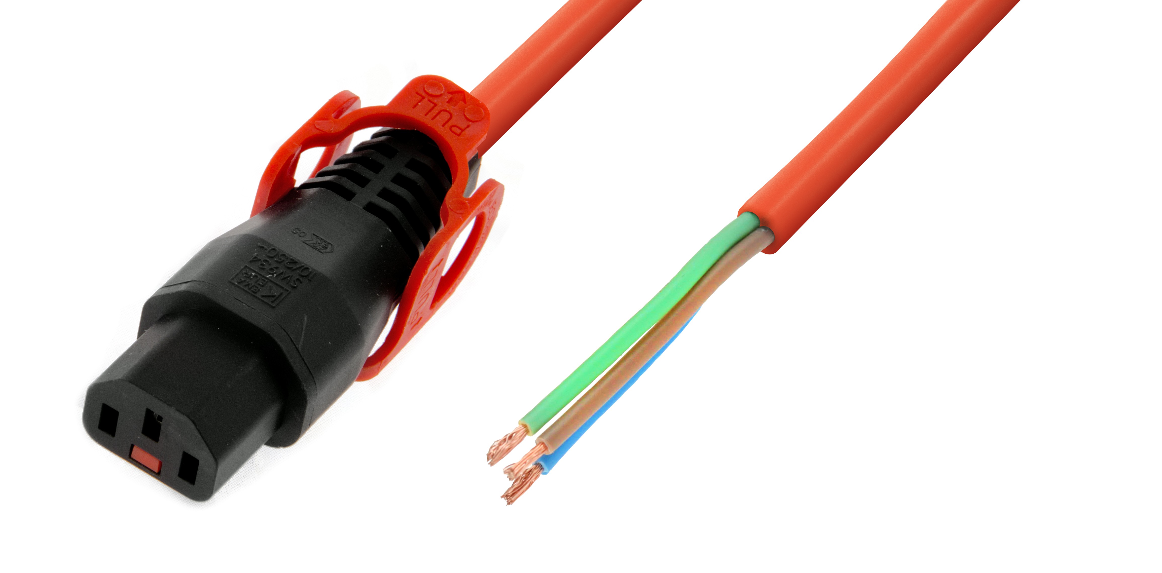 IEC Lock - Cordon secteur dénudé vers C13 avec cage - 3m - Orange