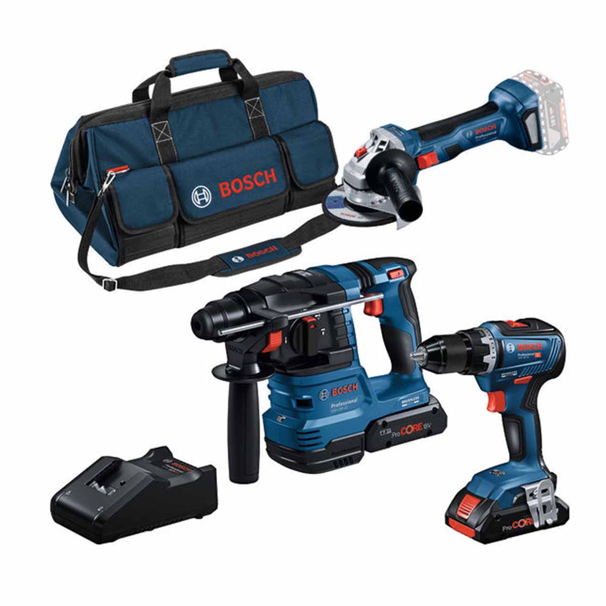 Tripack BOSCH perfo perceuse meuleuse 18V 2x4Ah + accessoires