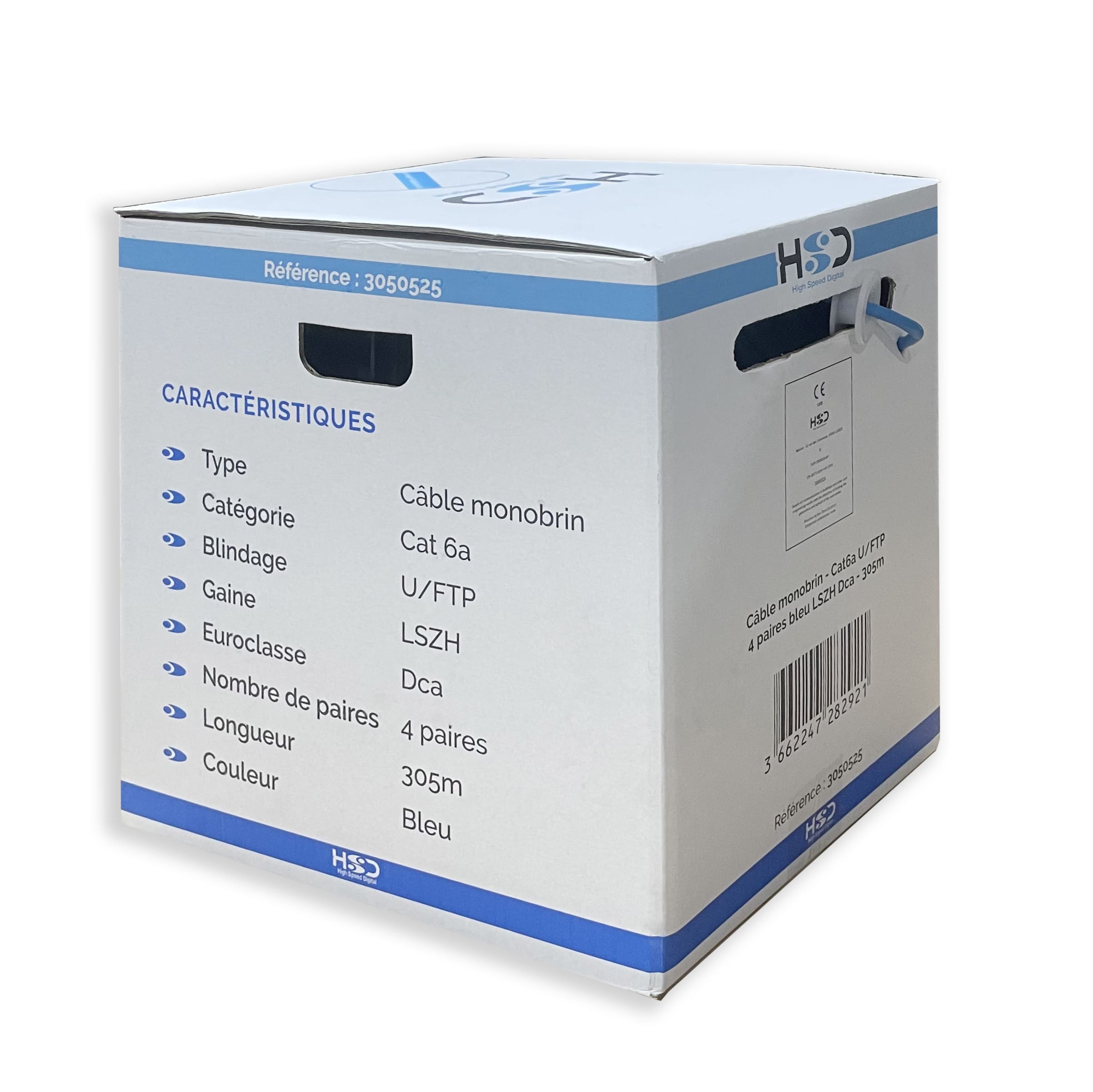 HsD - Câble monobrin - Cat6a U/FTP - 4 paires bleu LSZH Dca - 305m