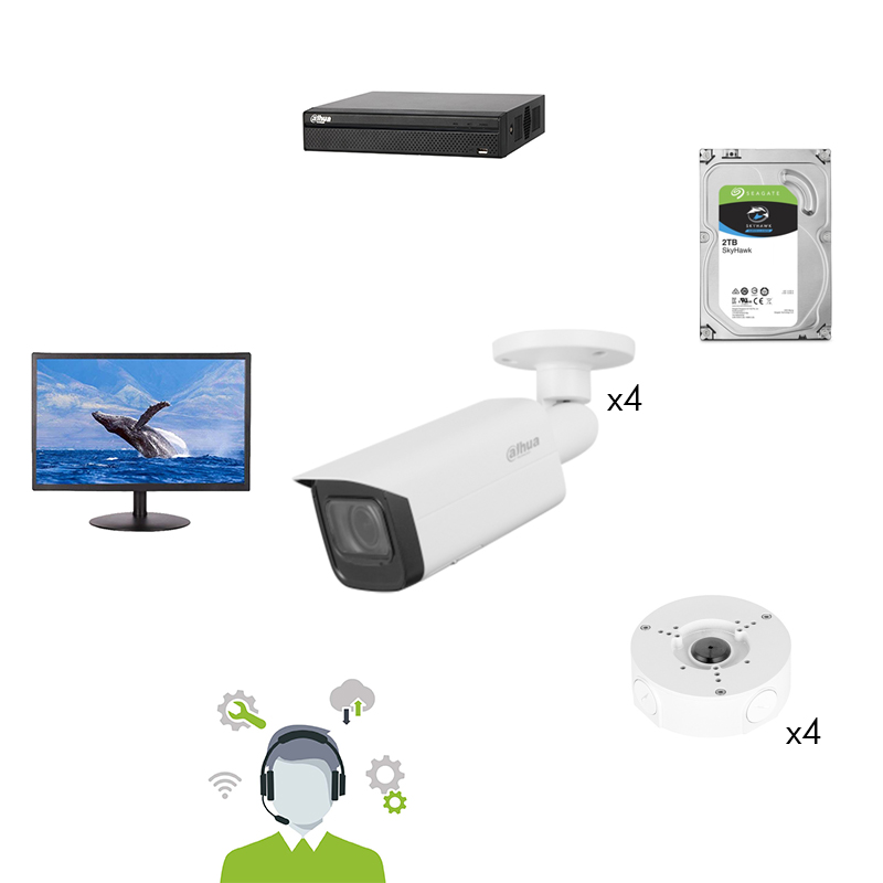 Kit DAHUA 4 cam. tubes+supports+NVR+HDD 2To+Moniteur 22''+Serv à dist