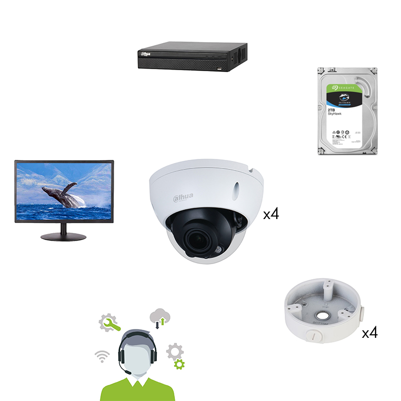 Kit DAHUA 4 cam. dômes+supports+NVR+HDD 2To+Moniteur 22''+Serv à dist