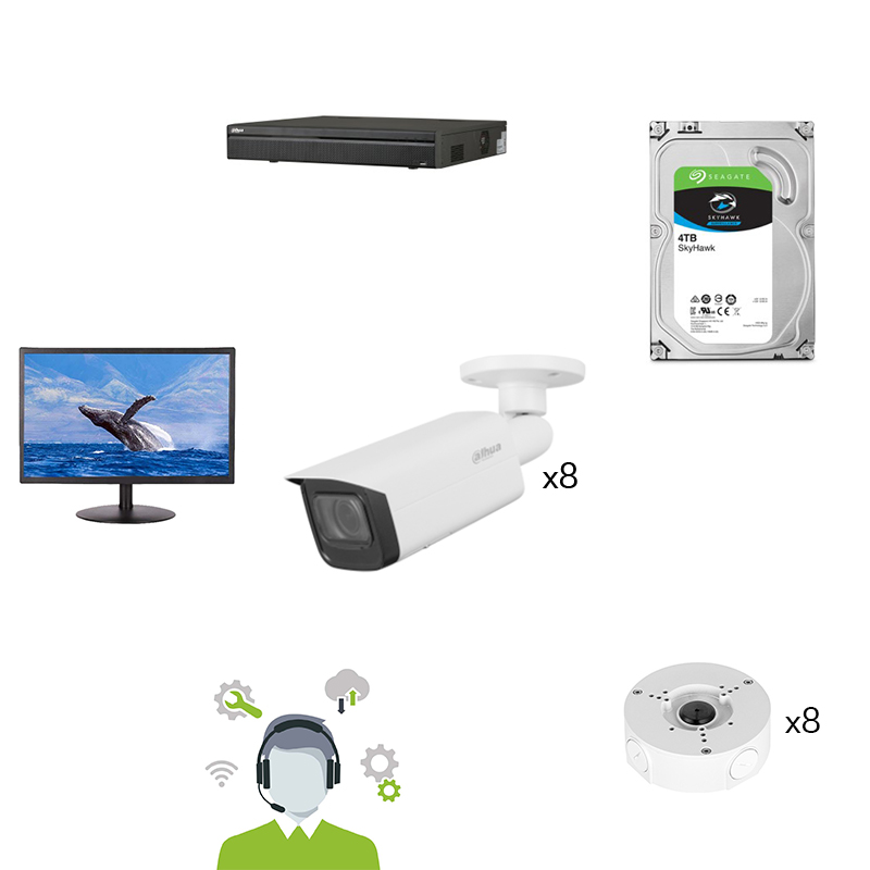 Kit DAHUA 8 cam. tubes+supports+NVR+HDD 4To+Moniteur 22''+Serv à dist