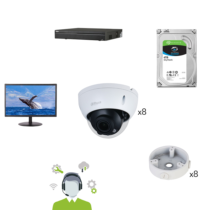 Kit DAHUA 8 cam. dômes+supports+NVR+HDD 4To+Moniteur 22''+Serv à dist
