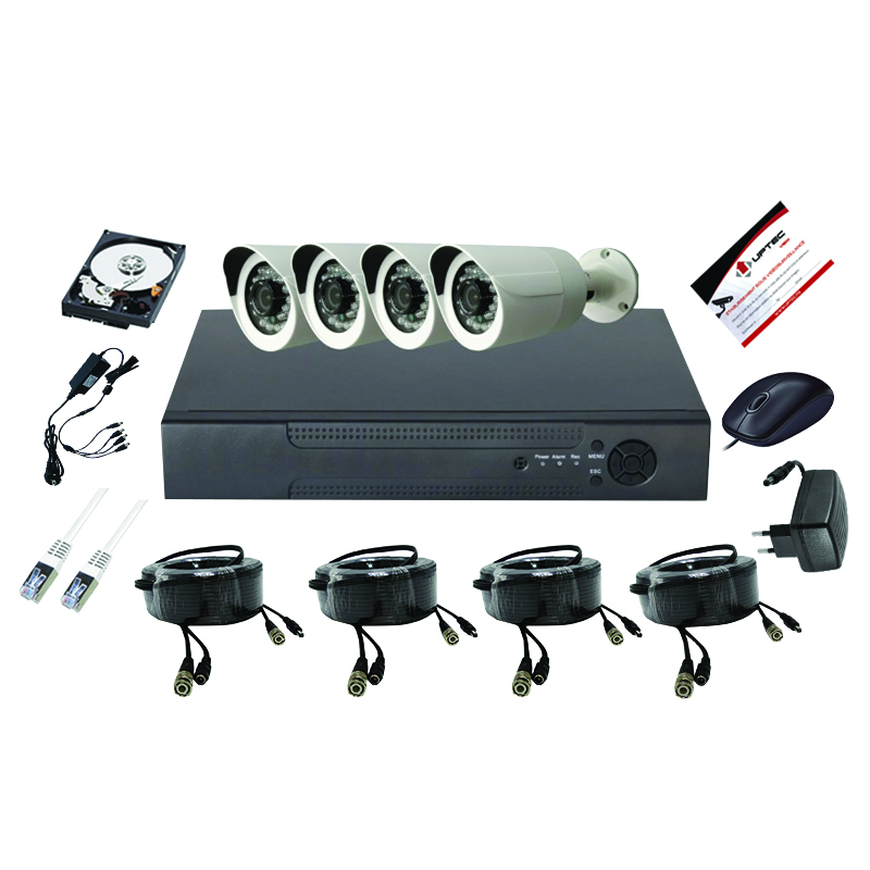 UPTEC VIEW - Pack5en1 DVR4CH HDD1T câbles alims 4 bullets 3.6 5MP EOL