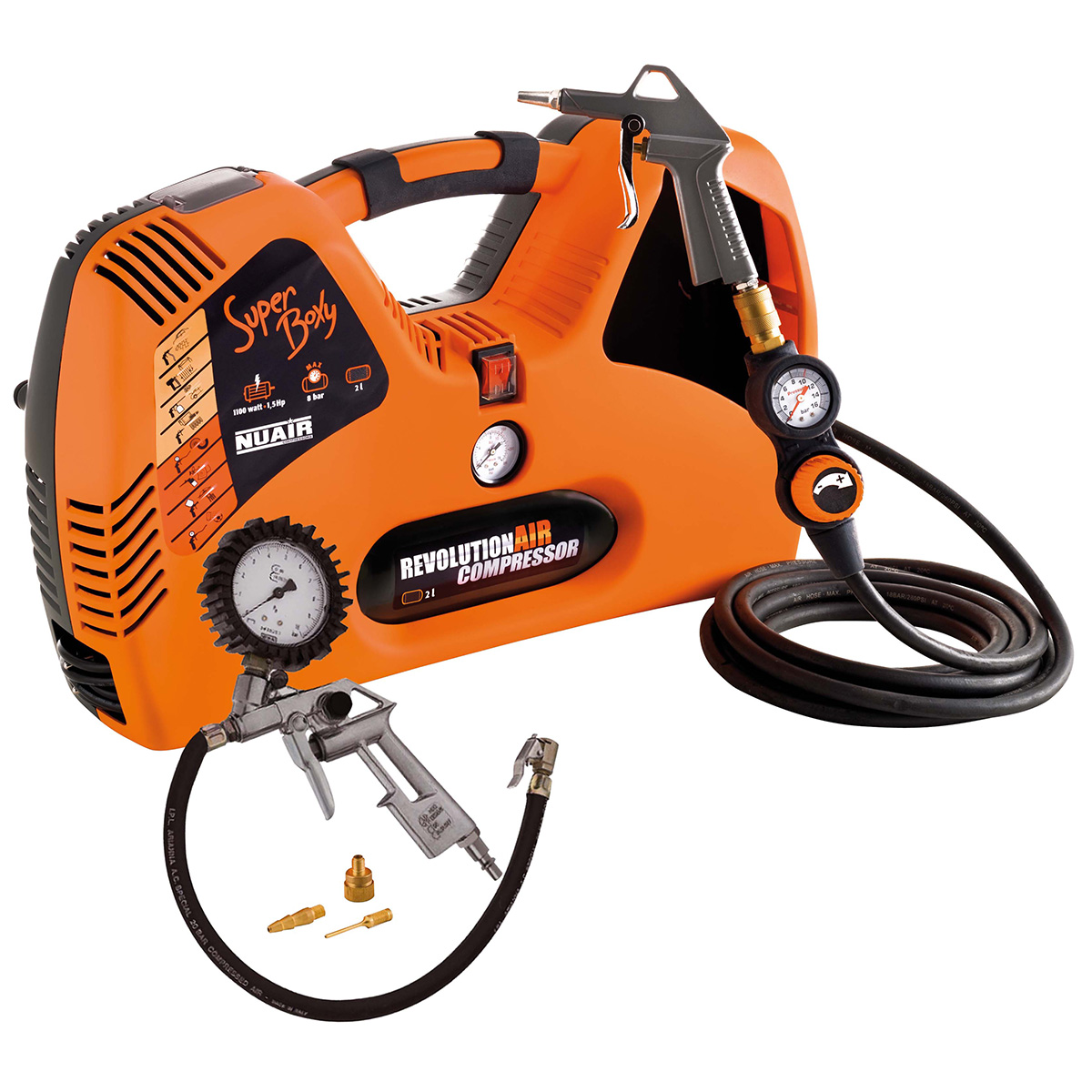 Compresseur portatif 1,5HP 8 bars 2 litres + accessoires