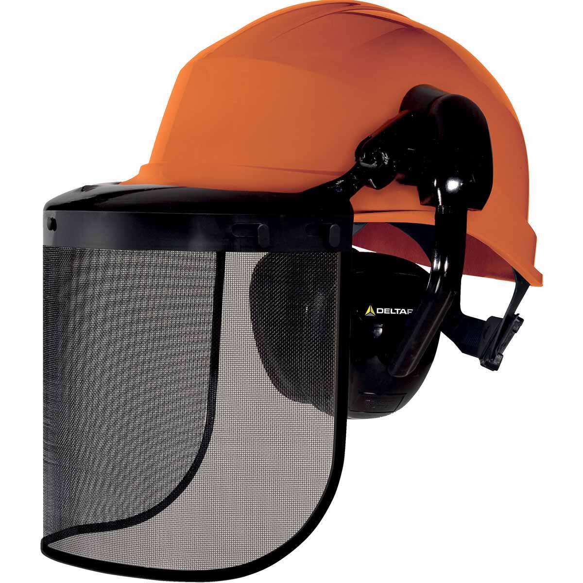 Casque de sécurité bûcheron + casque antibruit + visière grillagée