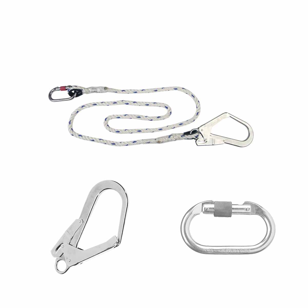 Longe corde toronnée 1,5m + 1 mousqueton + 1 grand mousqueton