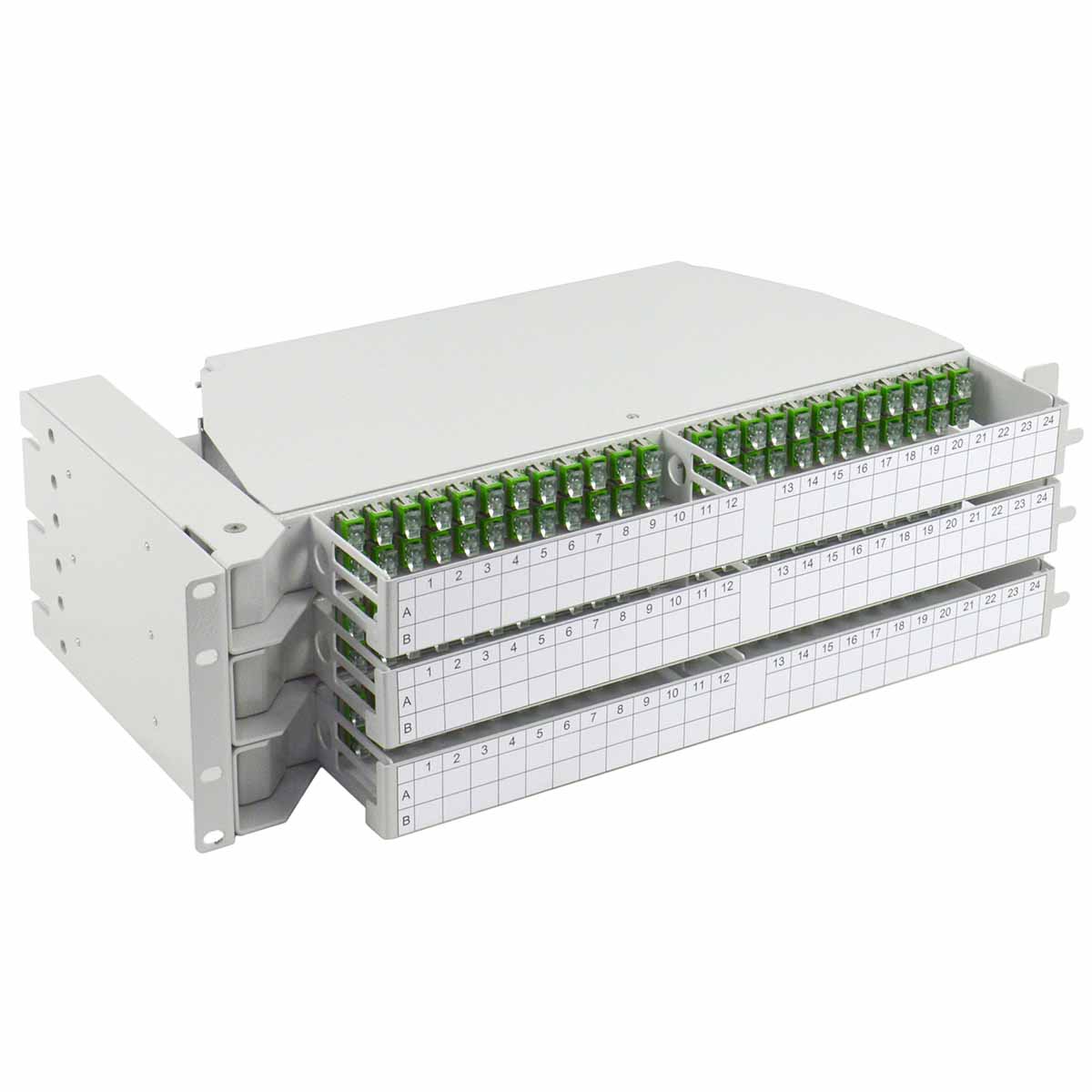 Tiroir 19'' pivotant modulaire 3U 144FO SC/APC G.657A2 ouv gauche